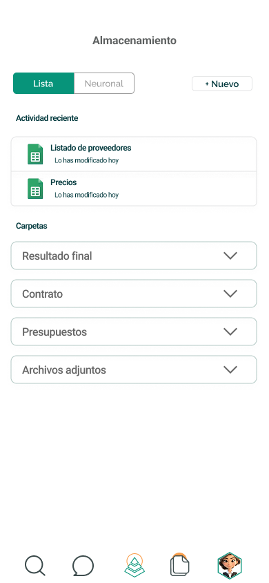 Almacenamiento: actividad reciente y carpetas de la célula